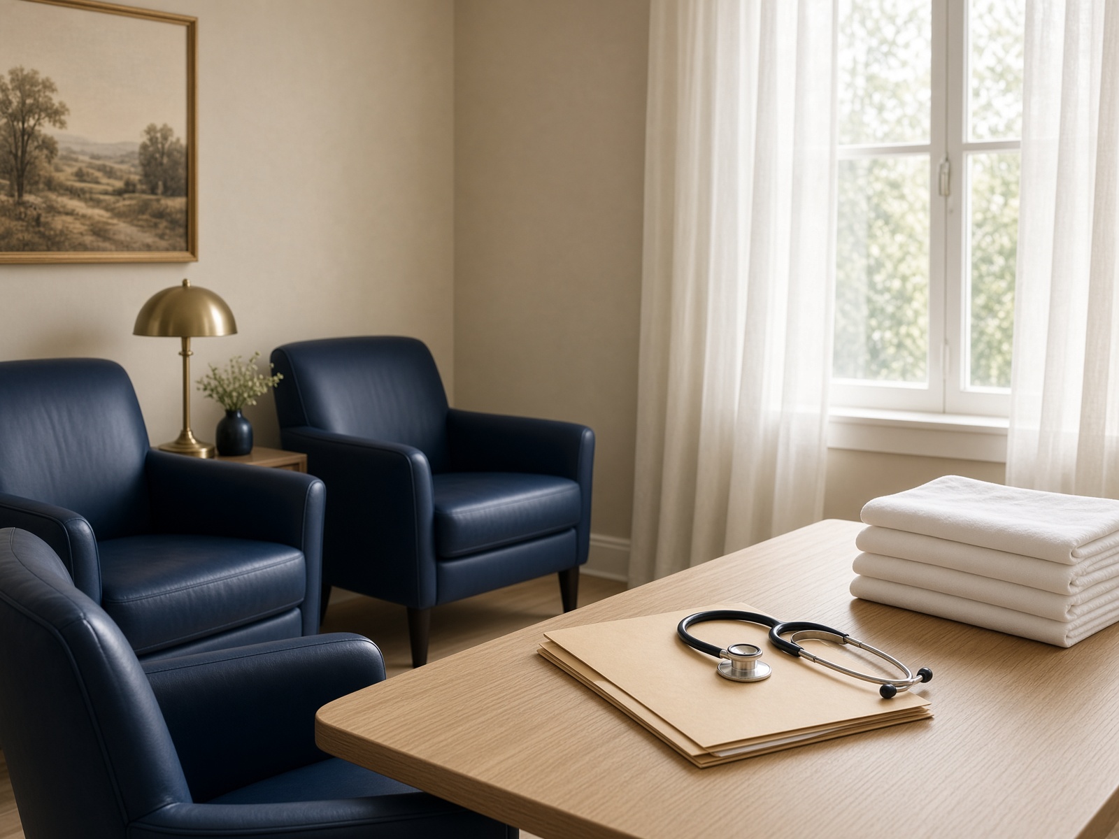 Quiet consultation room with navy chairs and morning light