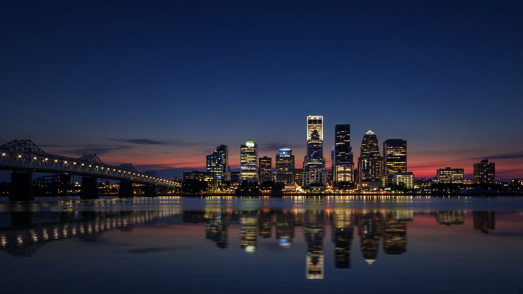 Louisville skyline along the Ohio River at blue hour